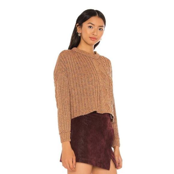 Free People On Your Side Pullover Sweater Small Cable Knit Brown Boxy Cropped - Picture 5 of 16